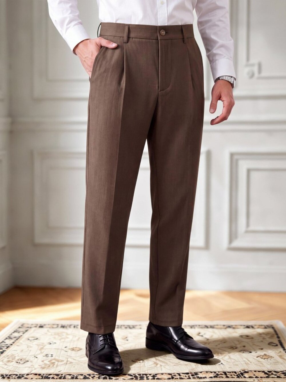 Coffee Brown Business Men's Regular Fit Plain Zipper Fly Tapered Suit Pants